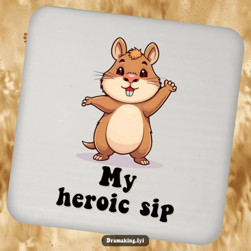 Funny Hero Capybara Coasters showcasing a capybara in a heroic, spotlight-struck pose, adding funny protection.