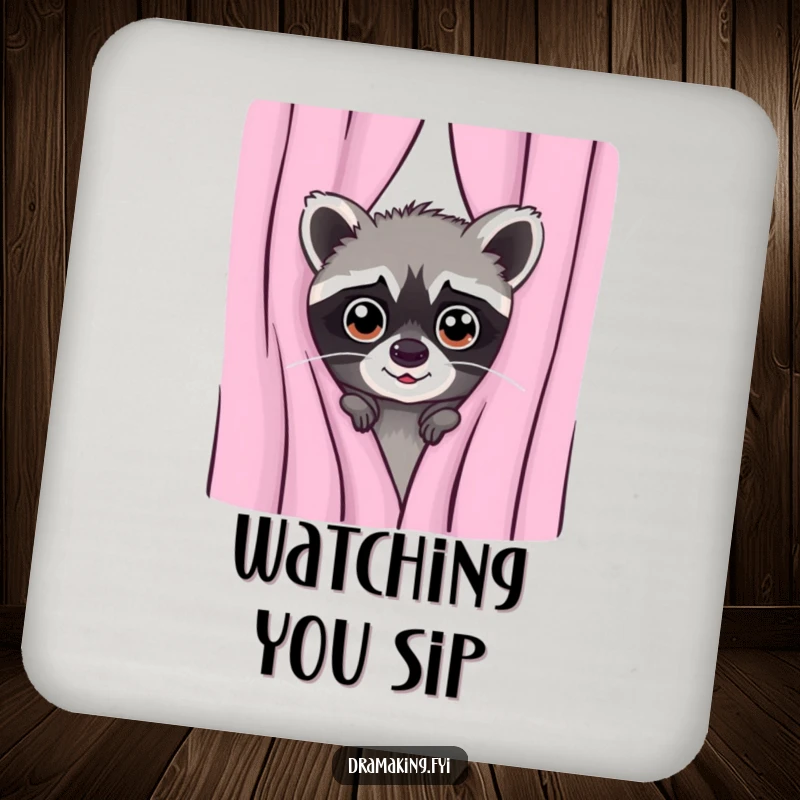 Funny drink coaster art of a mischievous raccoon peeking from behind a curtain with wide eyes, offering playful surface protection.