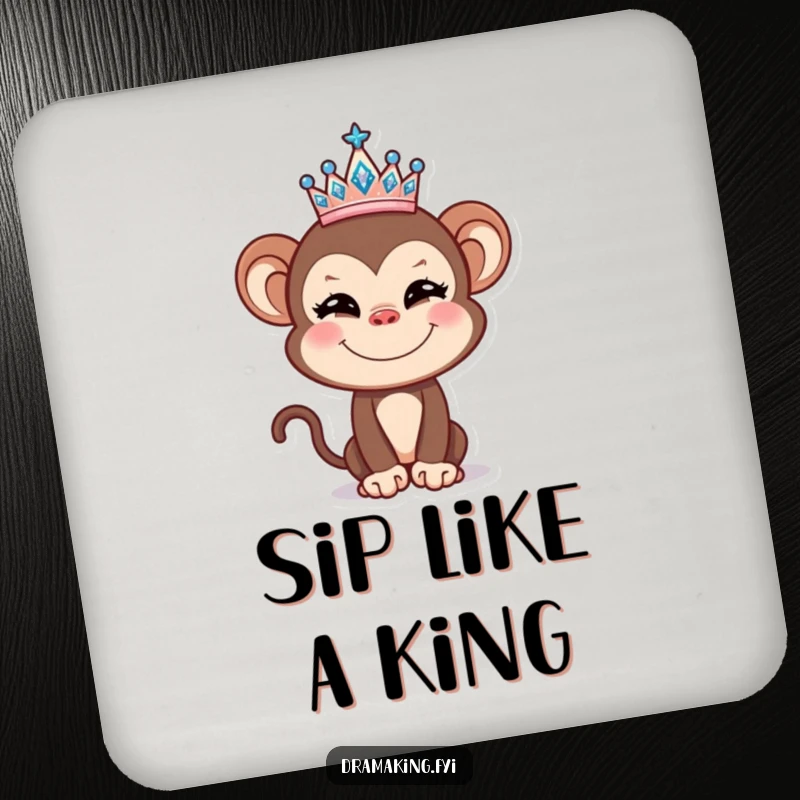 Funny Monkey Tiara Coasters featuring a mischievous monkey with a sparkly crown, offering a humorous and protective surface.