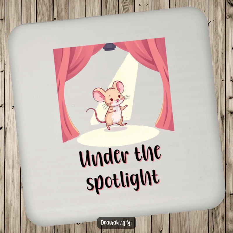 Funny drink coaster with a timid mouse tiptoeing across a stage under a shining spotlight, protecting surfaces with humor.