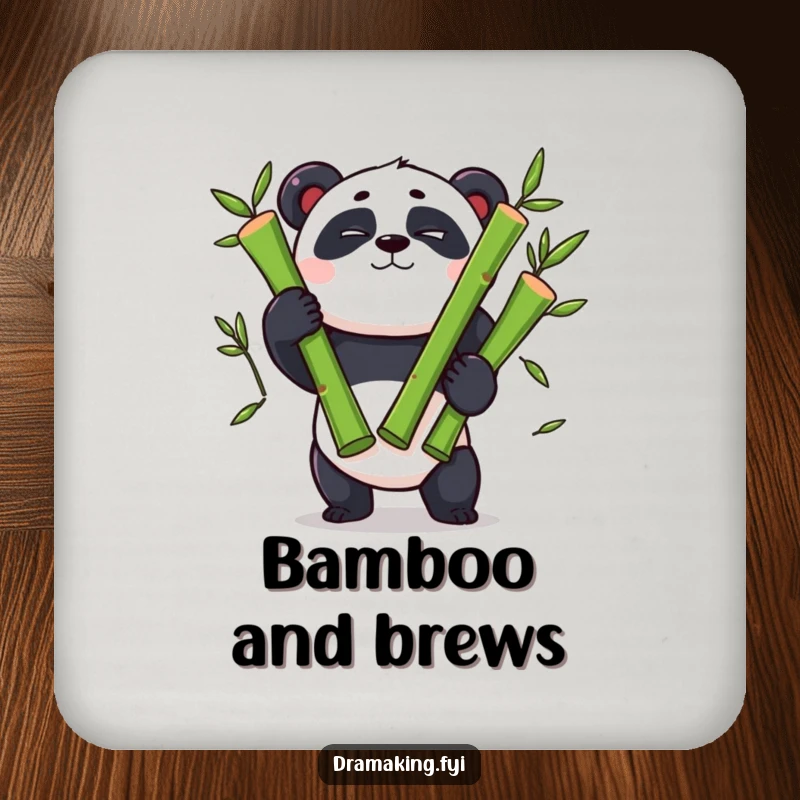 Funny panda coaster, winking panda character, juggling three oversized bamboo shoots, a fun and protective accessory.