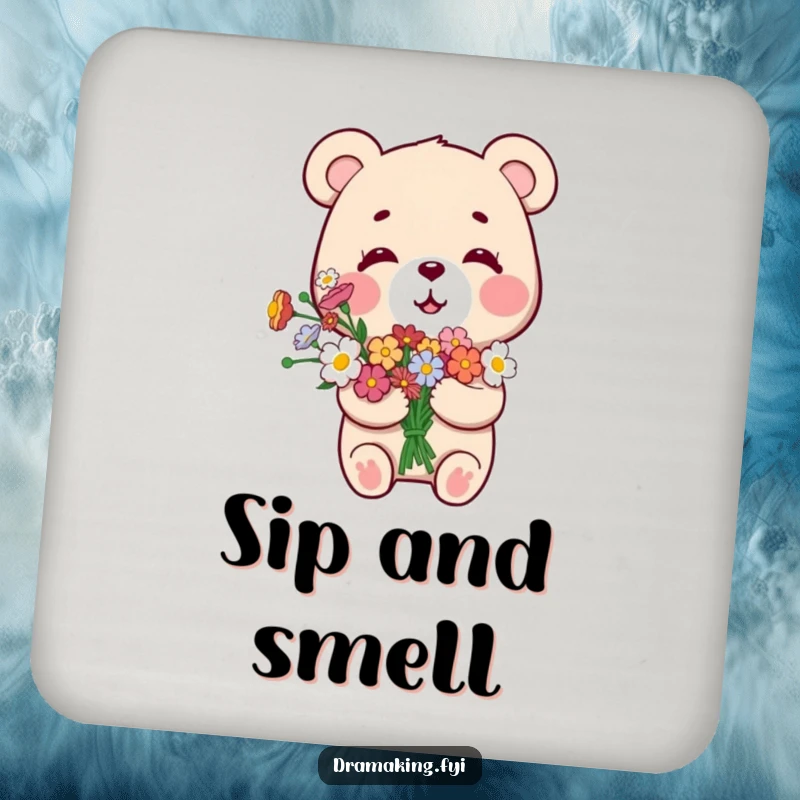 Funny Smug Bear Coaster Set, depicting a small bear with a bouquet of flowers, looking overly pleased with itself, offering proud protection.