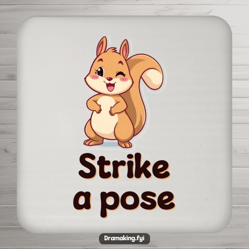 Funny drink coaster with a cheerful squirrel striking a dramatic pose with arms outstretched, protecting surfaces with a humorous touch.