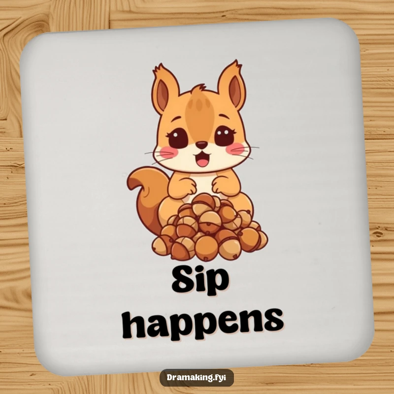 Funny Surprised Squirrel Coasters with a shocked squirrel dropping acorns, adding funny protection.