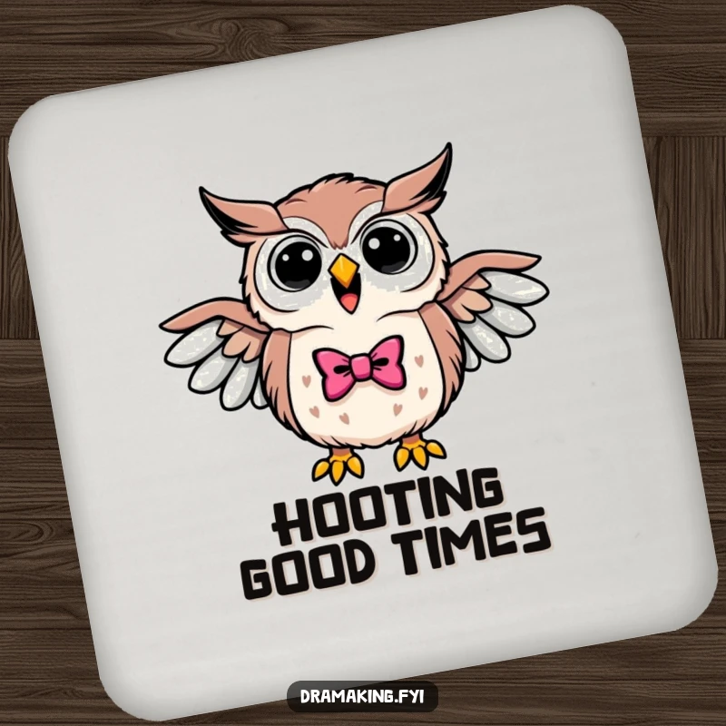 Funny drink coaster with a triumphant owl wearing a bowtie, hooting loudly with wings outstretched, offering wise protection.