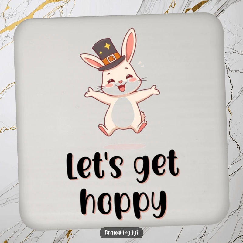 Funny Rabbit Hat Coaster showing a very happy rabbit wearing a fancy hat, jumping with glee, cheerful surface protection.