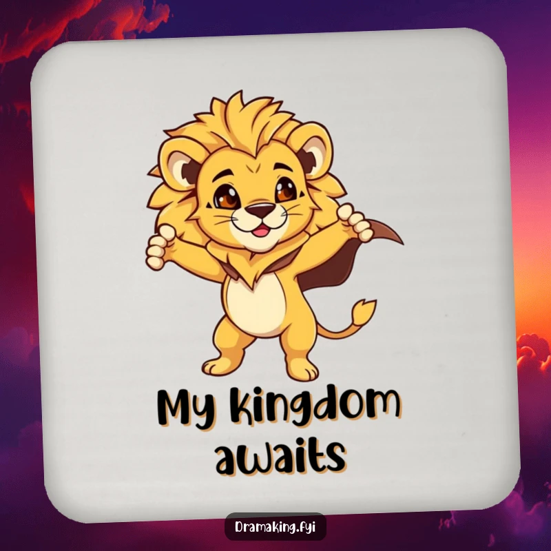 Funny Lion Cub Coaster: A proud lion cub with a flowing cape strikes a dramatic pose, offering heroic protection and humor.