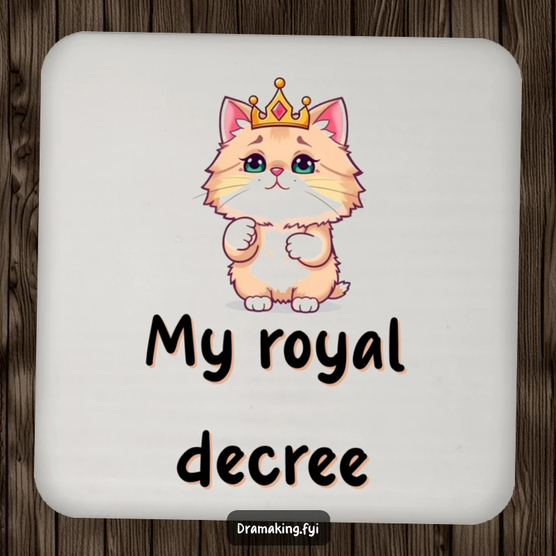 Funny coasters featuring a crowned cat pointing regally, adding a humorous touch to table settings.