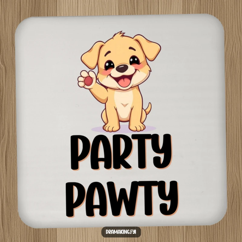Funny coasters featuring a grinning puppy striking a humorous pose with a raised paw, protecting surfaces humorously.