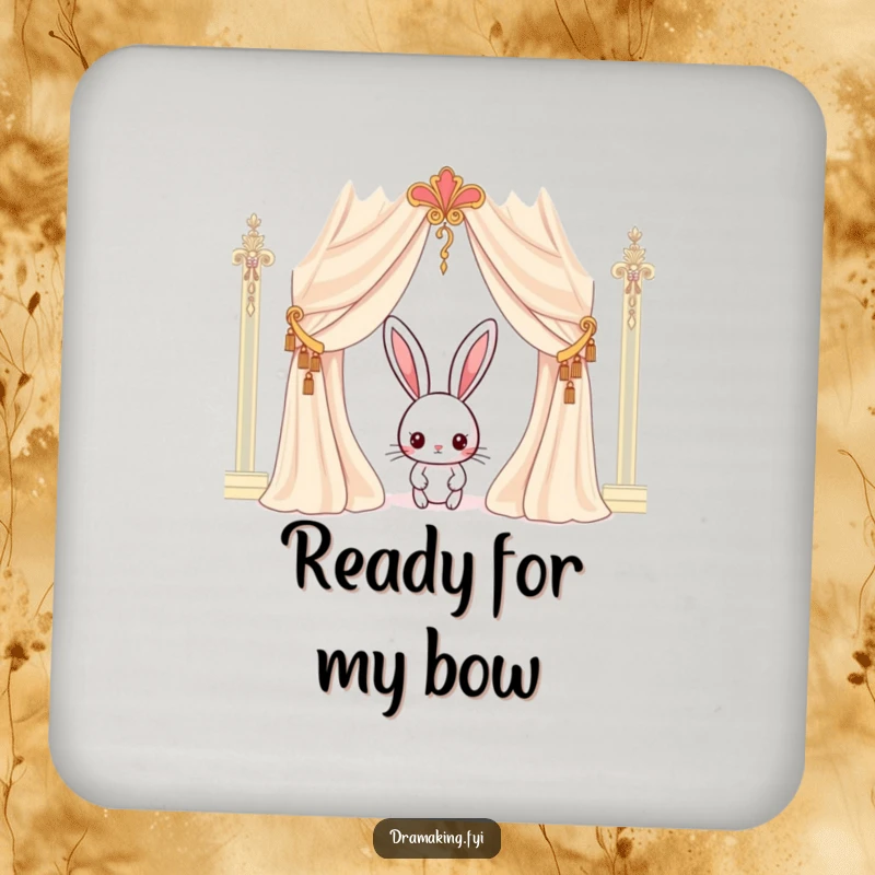 Funny rabbit coaster with a curious character peeking from behind an ornate curtain, protecting surfaces with subtle humor.