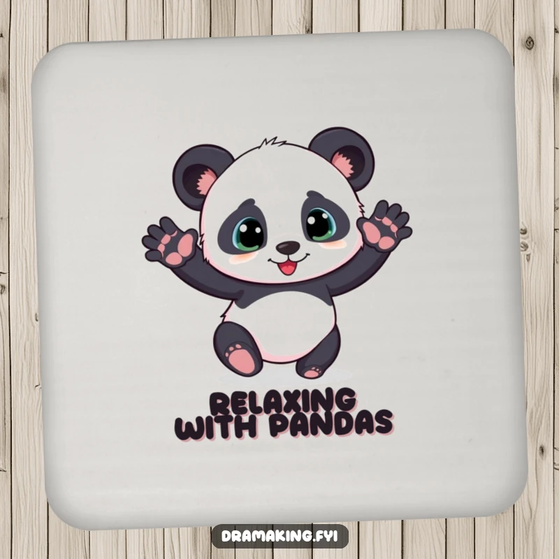 Funny playful panda cub coaster striking a dramatic pose with outstretched paws, humorous surface protection.