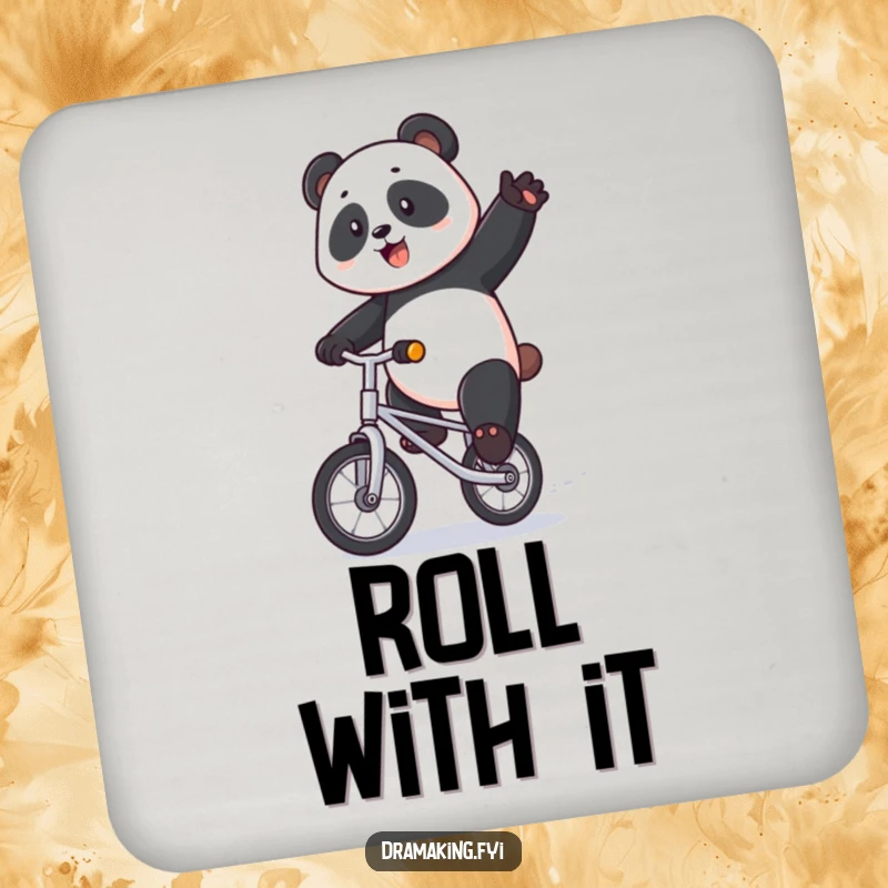 Funny panda drink coasters featuring a majestic panda riding a tiny unicycle with exaggerated flair, adding circus humor to surfaces.
