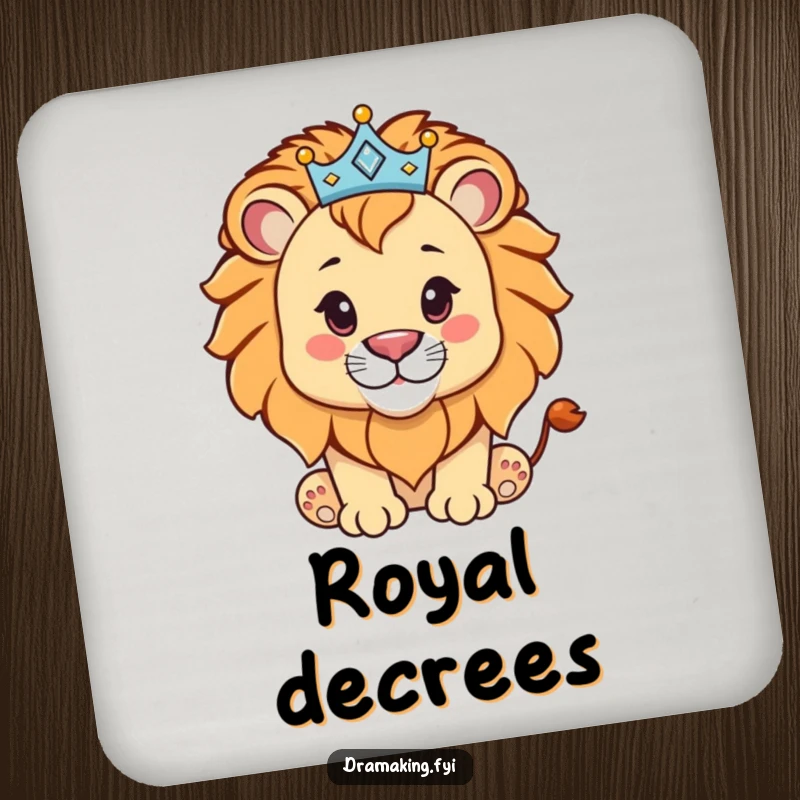 Funny lion cub with a sparkling crown on a drink coaster, adding regal humor and sparkle to table settings.