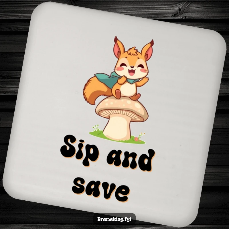 Funny drink coaster art of a delighted squirrel in a tiny cape leaping from a mushroom, offering heroic surface protection.