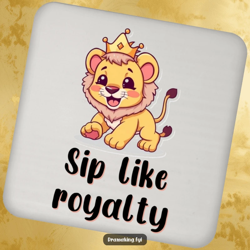 Funny coaster featuring a lion cub wearing a crown, playfully pouncing, a humorous and charming addition to any table.