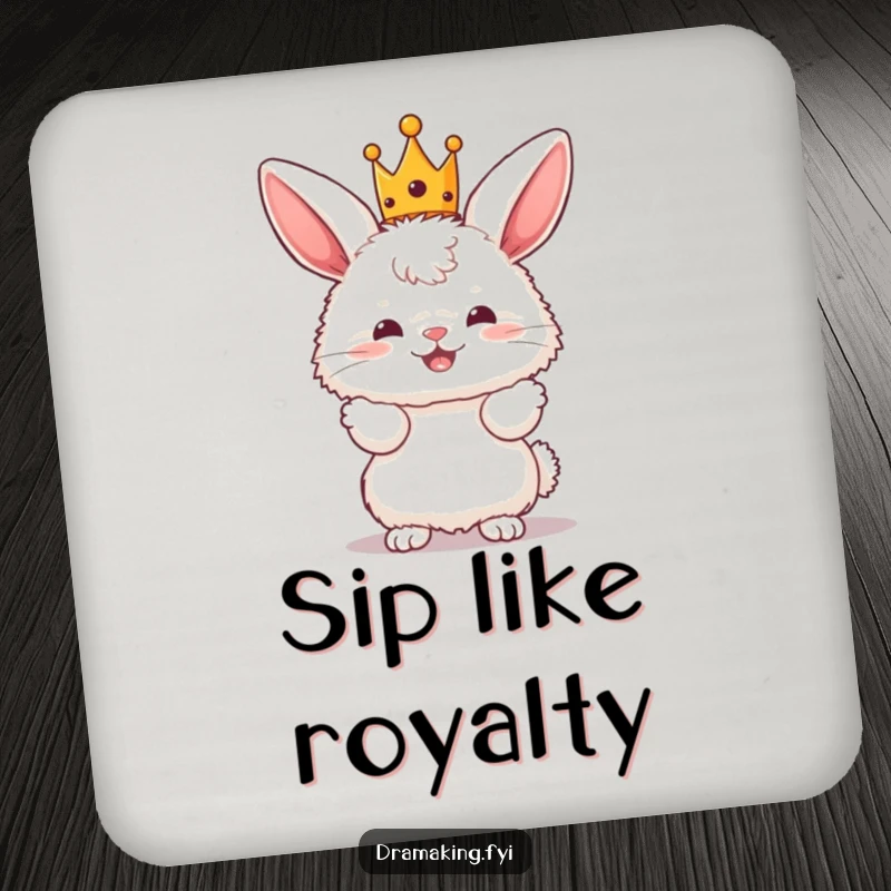 Funny Bunny King Drink Coaster with a fluffy bunny character wearing a tiny crown and posing dramatically, for beverages.