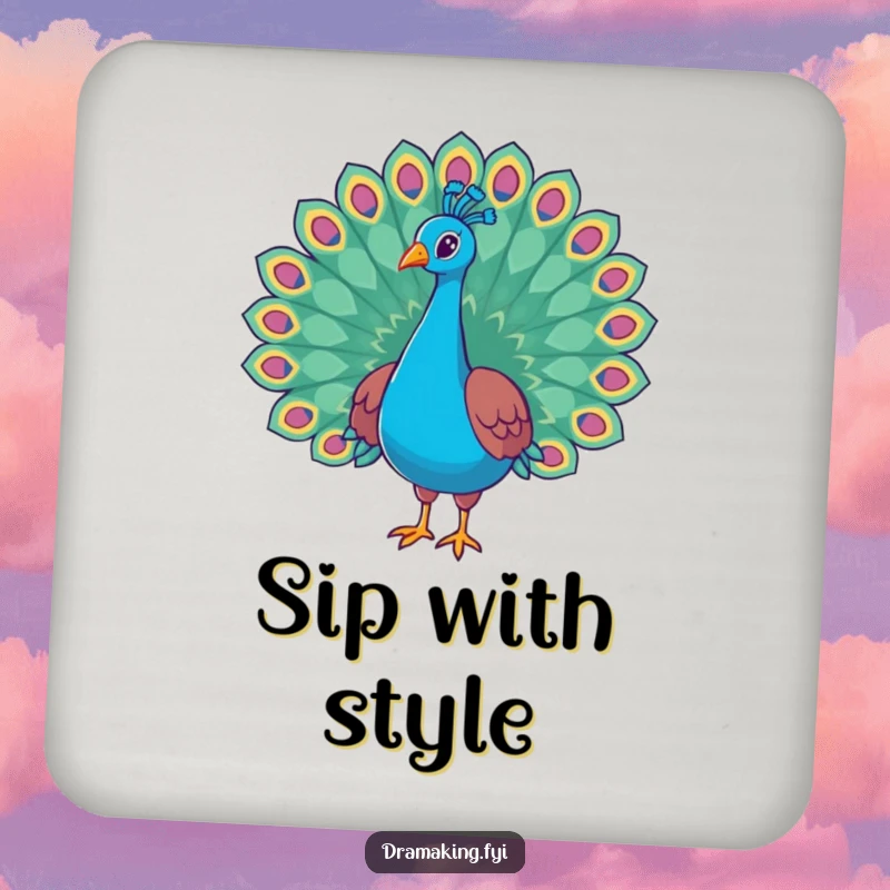 Funny peacock drink coasters featuring a regal bird with flared tail feathers, protecting surfaces with regal humor and vibrant style.