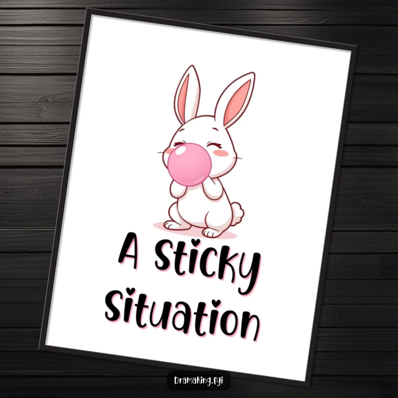 Funny poster illustration of a happy rabbit character blowing a giant, shimmering bubblegum bubble, adding joy to wall decor.