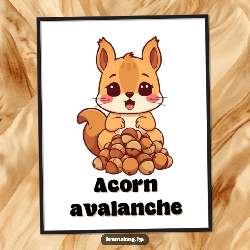 Funny Surprised Squirrel Poster depicting a squirrel with a shocked expression, dropping acorns, perfect for funny wall decor.