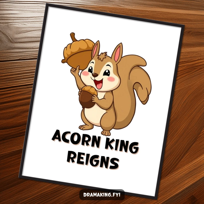 Funny happy squirrel character holding a giant acorn, theatrical triumphant stance, humorous art print, victory.