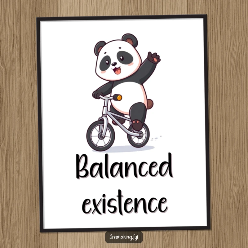 Funny panda poster of a majestic panda riding a tiny unicycle with exaggerated flair, showcasing a spectacular and humorous performance.