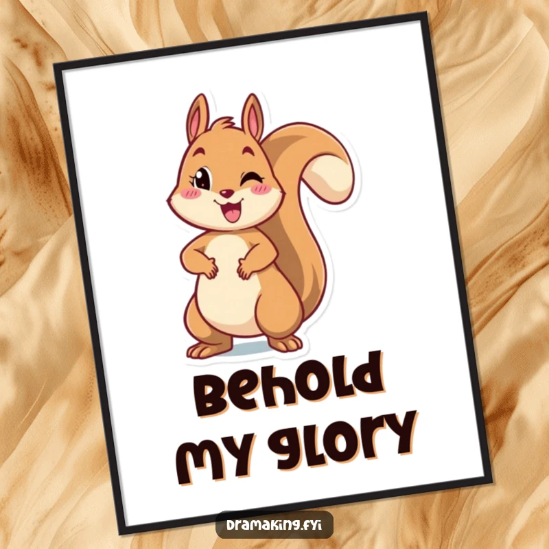 Funny poster art of a cheerful squirrel striking a dramatic pose with arms outstretched, perfect for energetic and humorous wall decor.