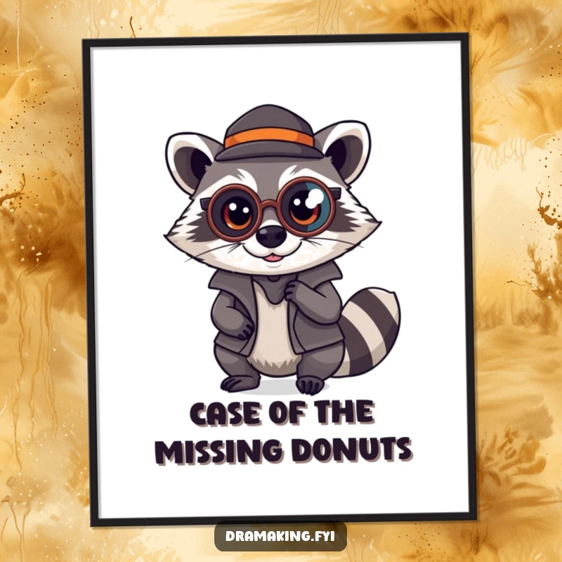 Funny Raccoon Detective Poster: A mischievous raccoon in a monocle as a detective, searching for clues, making for funny wall art.
