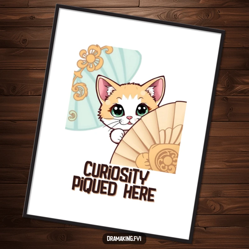 Funny poster illustration of a curious cat with expansive eyes peeking from behind a large, ornamental fan, ideal for decor.