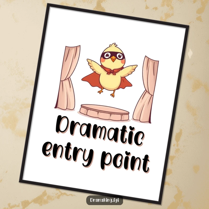 Funny poster of a tiny bird wearing a cape, dramatically leaping from a miniature stage, a heroic avian moment.