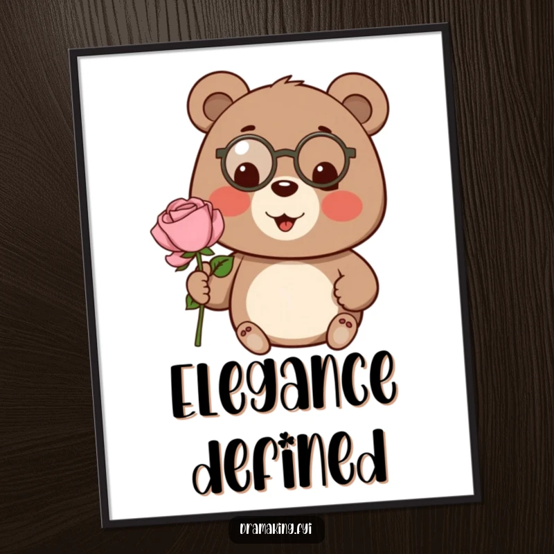 Funny bear poster, wearing a tiny monocle, proudly presenting a single, oversized rose, charming and classic art.