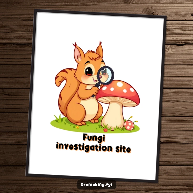 Funny poster art of a curious squirrel using a magnifying glass to examine a large, colorful mushroom, highlighting nature's intriguing details.