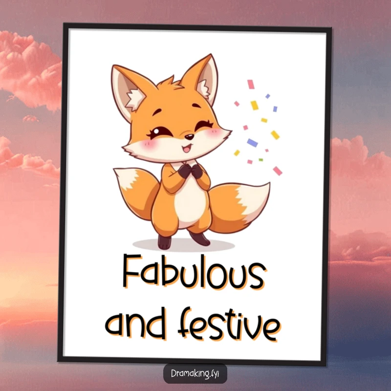 Funny fox poster, showing a cute fox dramatically throwing confetti while posing, humorous and festive wall decor.