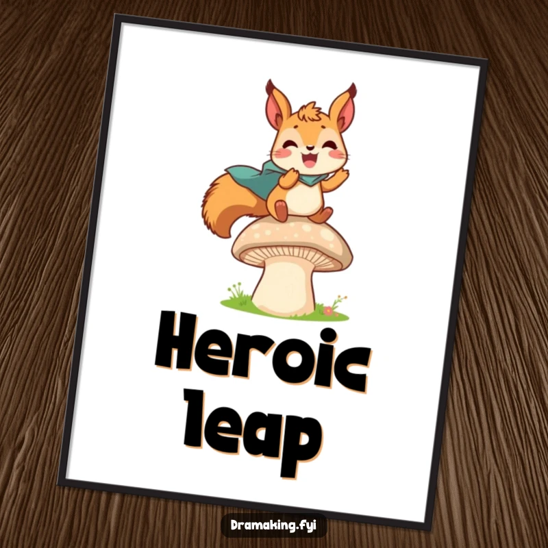 Funny poster featuring a delighted squirrel with a tiny cape leaping from a mushroom, symbolizing courage and the start of an epic journey.
