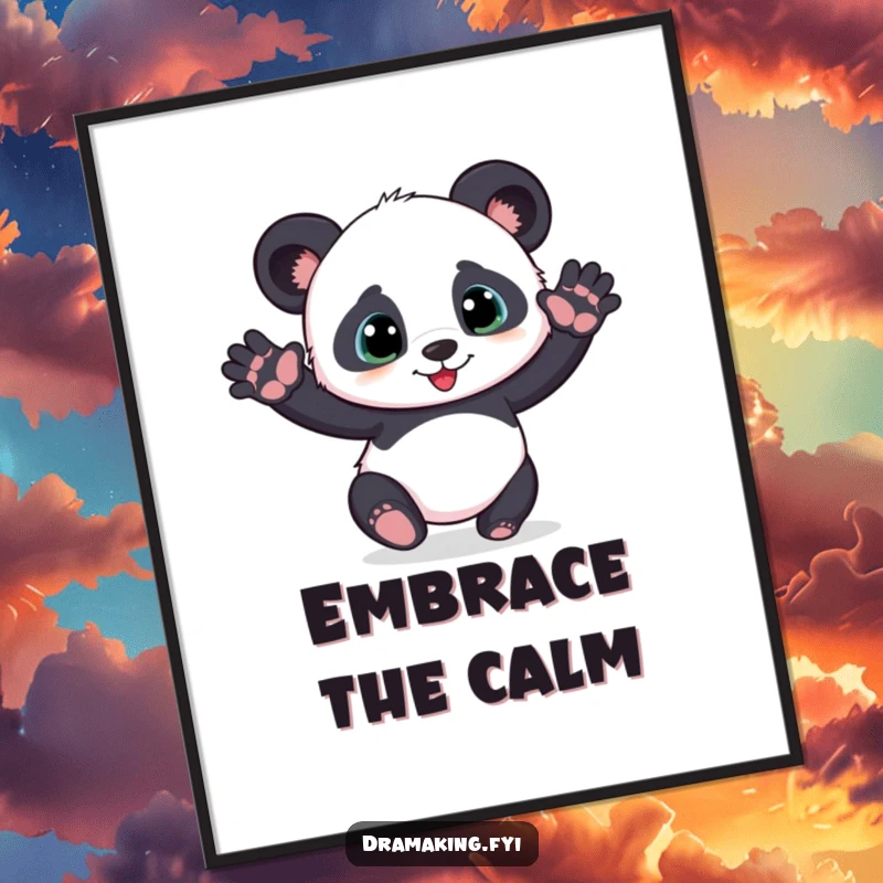 Funny playful panda cub poster striking a dramatic pose with outstretched paws, adorable and humorous wall art.