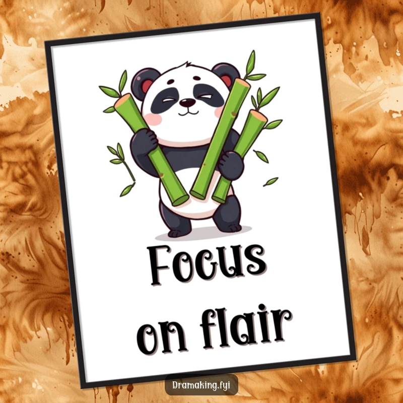 Funny panda poster, theatrical wink, juggling three oversized bamboo shoots with great concentration, a whimsical display.