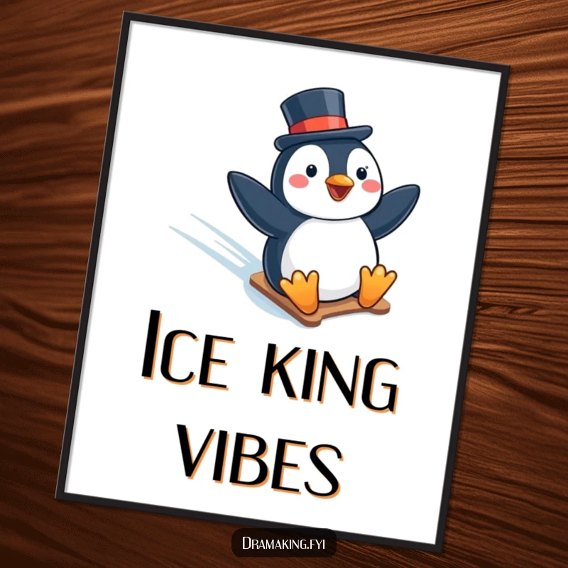 Funny poster capturing a delighted penguin in a top hat sliding with glee down a snowy icy slope, a humorous winter illustration.