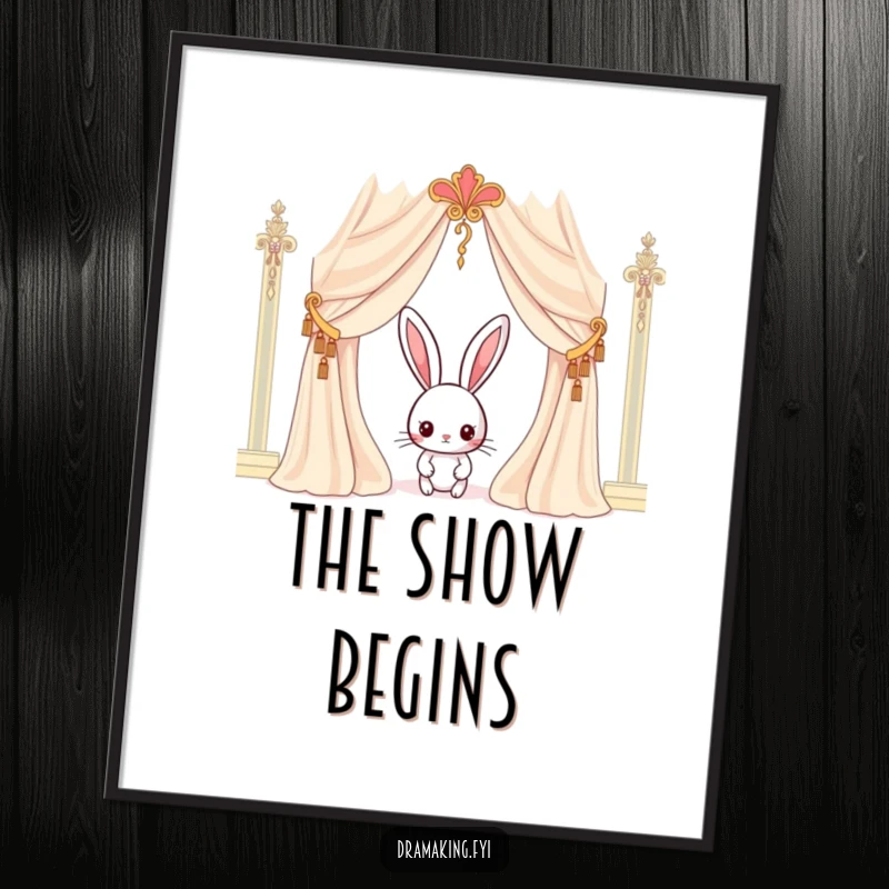 Funny rabbit poster print of a curious character peeking from behind a giant ornate curtain, ready for their dramatic debut.