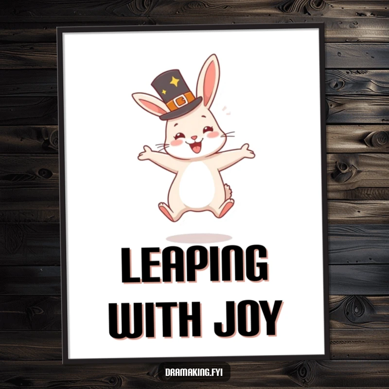 Funny Rabbit Hat Poster artwork of a very happy rabbit wearing a fancy hat, jumping with glee, cheerful wall decor.