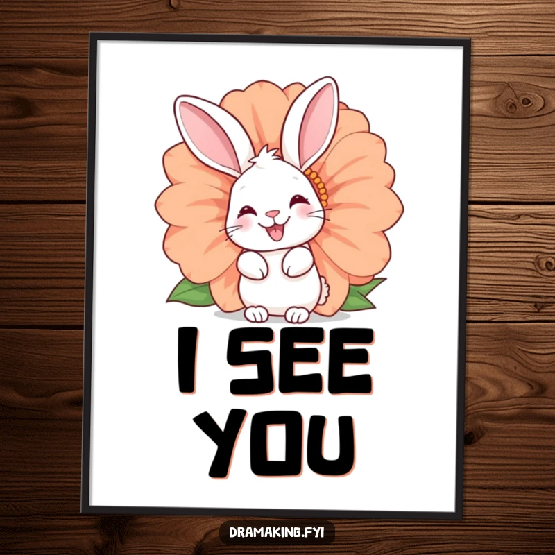 Funny rabbit poster depicting a happy bunny peeking from a huge flower. Charming wall art, ideal for gifting and decoration.