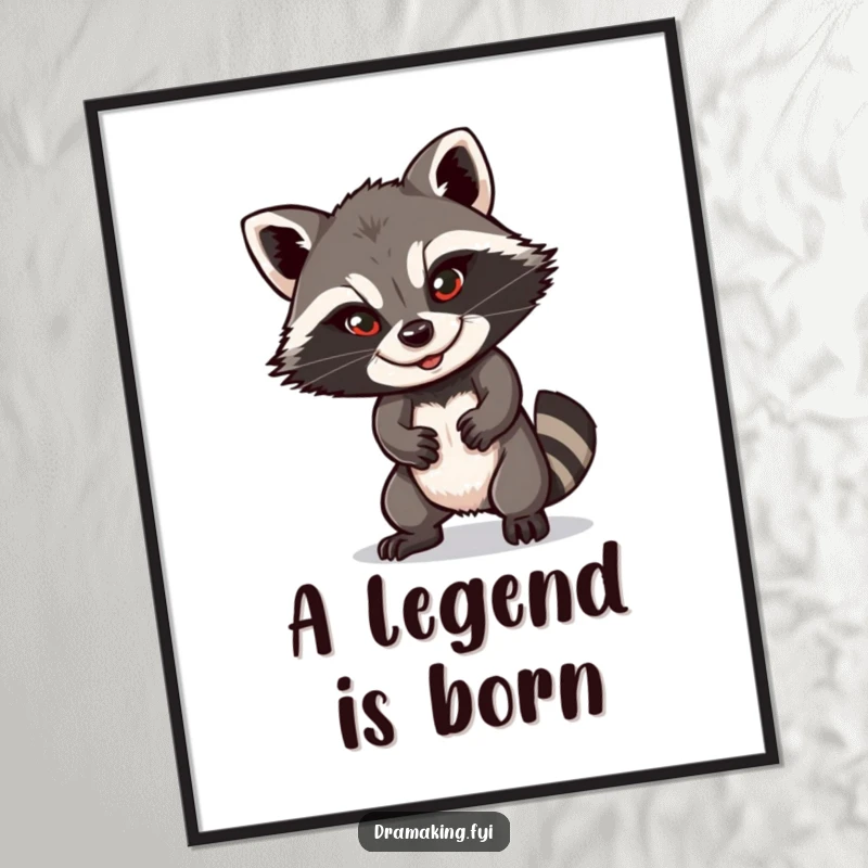 Funny raccoon poster featuring a playful animal with a sly smile, striking a dramatic pose on your wall, bringing humor to any room.