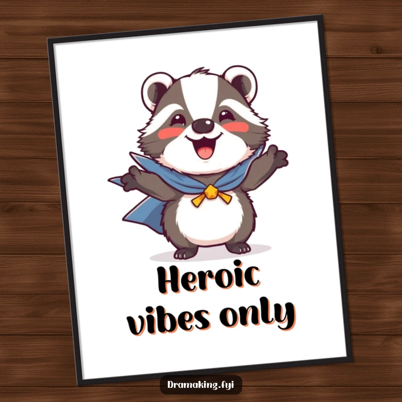 Funny poster featuring a joyful badger in a heroic pose, complete with a small, fluttering cape, bringing cheer to any room.