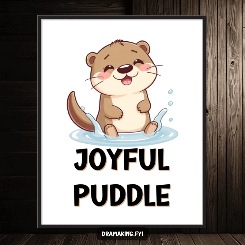 Funny otter character splashing joyfully in a puddle on a poster, radiating happiness and playful energy for decor.