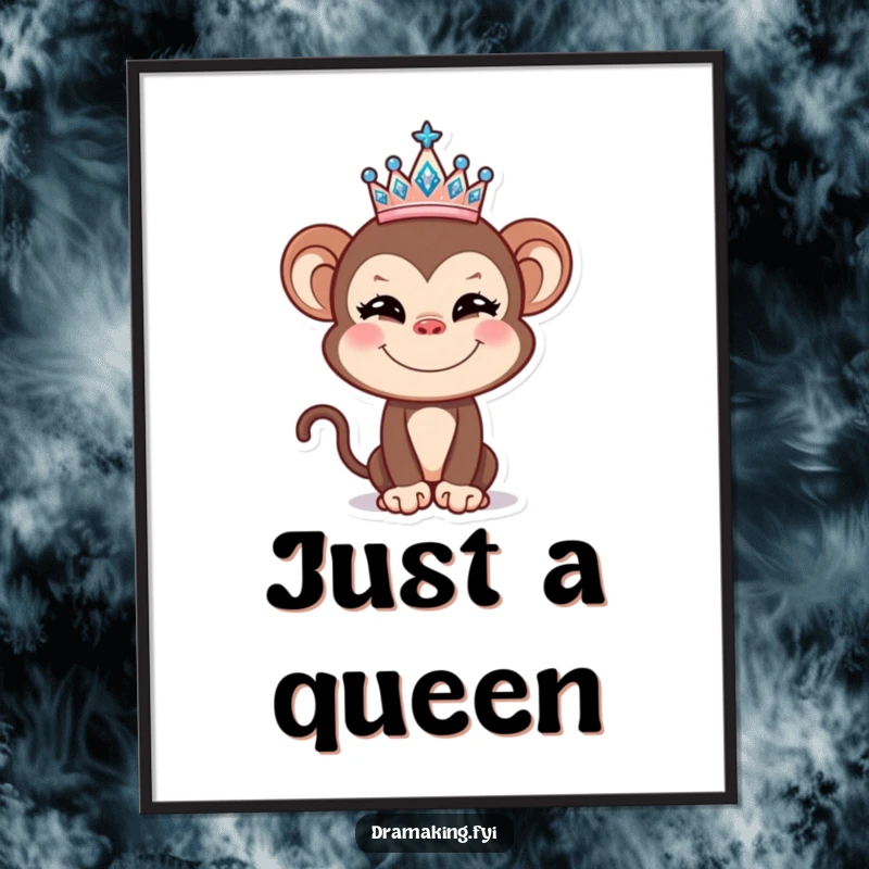 Funny Monkey Tiara Poster depicting a cheeky monkey balancing a shiny tiara, adding a humorous and regal touch to decor.