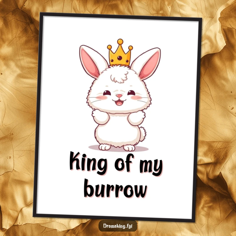 Funny Bunny King Poster featuring a fluffy bunny character wearing a tiny crown and posing dramatically, wall art.