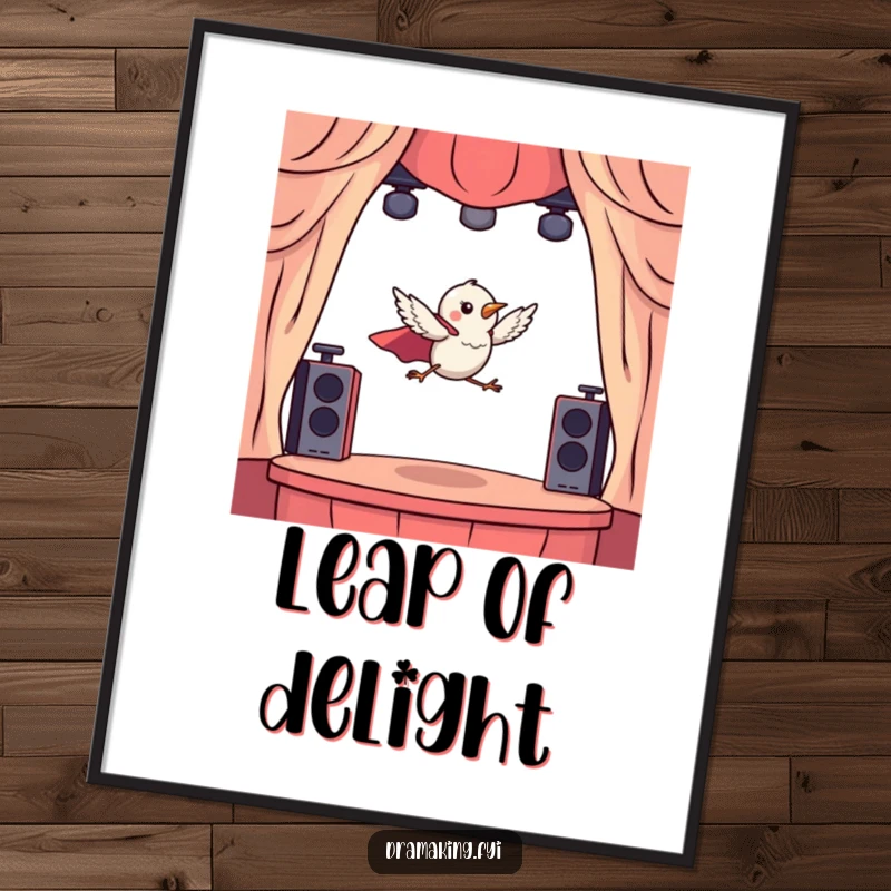 Funny poster of a tiny bird wearing a cape, dramatically leaping from a miniature stage, for dramatic wall art.
