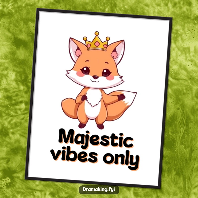 Funny poster of a cute fox wearing a crown, striking a dramatic pose with one paw outstretched, regal and charming wall art.
