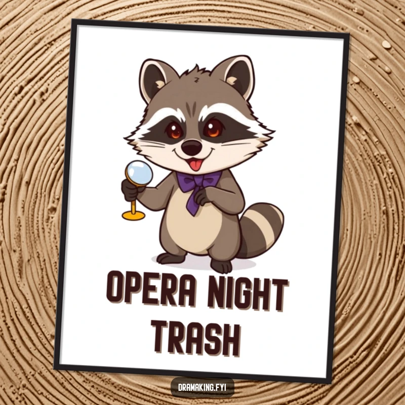 Funny Raccoon Poster: A mischievous raccoon gestures grandly with opera glasses, a humorous and sophisticated piece of wall art.