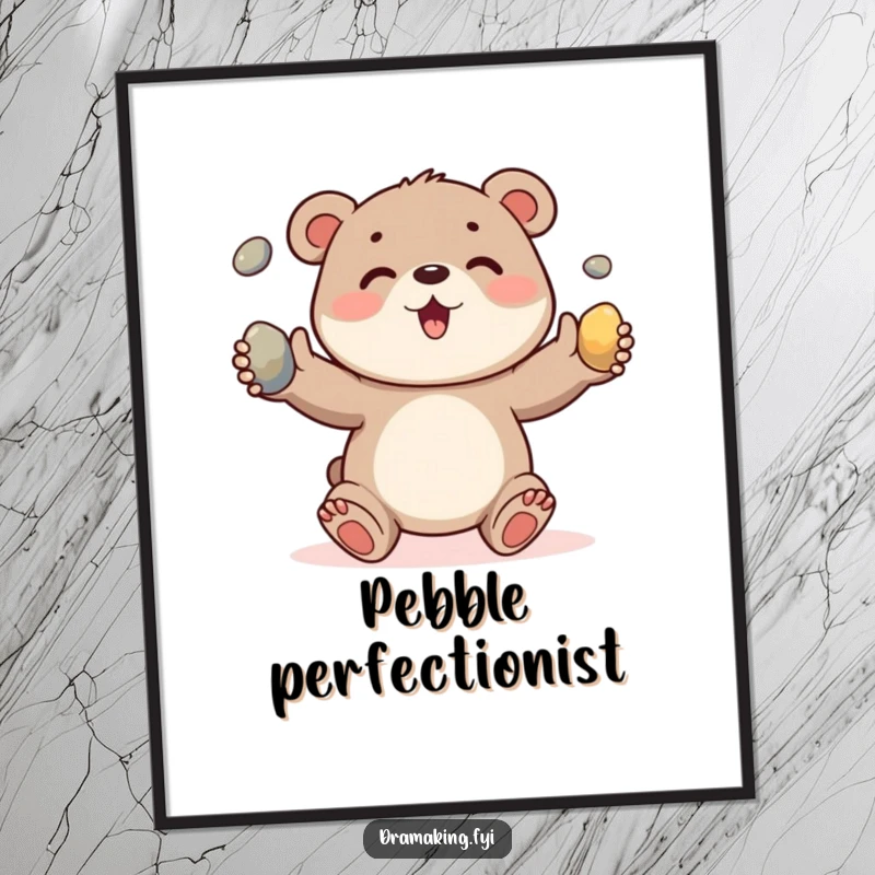 Funny poster showing a cheerful bear cub joyfully juggling three shiny pebbles, perfect for adding cute and humorous decor.