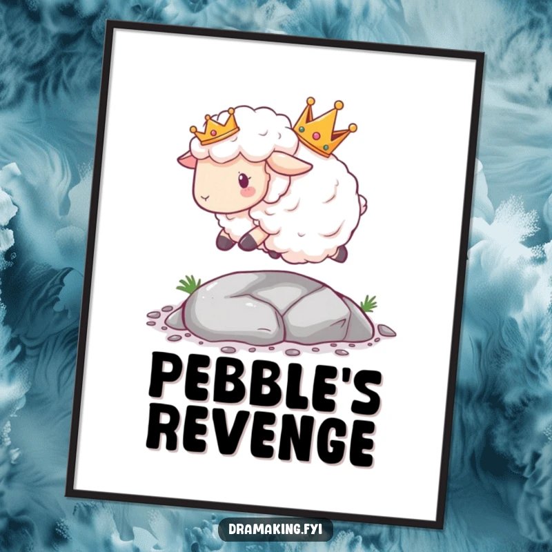 Funny Sheep Crown Poster artwork of a fluffy sheep wearing a crown, tripping dramatically over a small pebble, hilarious wall art.