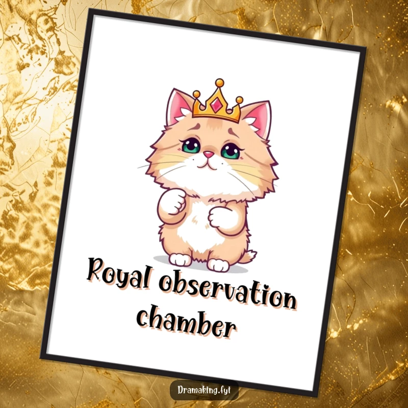 Funny poster of a majestic, crowned cat pointing at a tiny sparkling object, adding humor to any room.